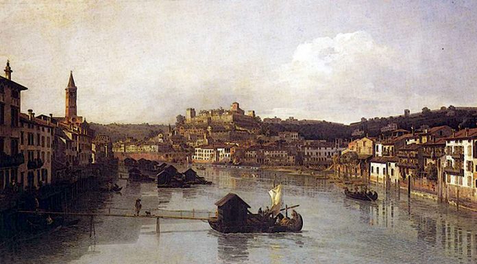 «Poesie» di Gino Piva Veduta di Verona e del fiume Adige dal Ponte nuovo. Dipinto a olio di Bernardo Bellotto, 1747