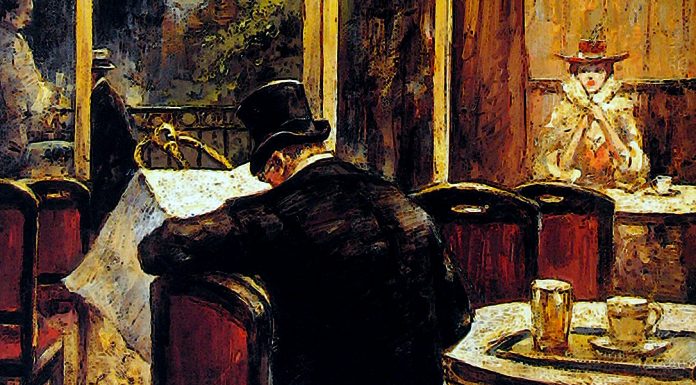 «Il brasiliano» di Edward Phillips Oppenheim Abend Im Cafè Bauer di Lesser Ury. 1898