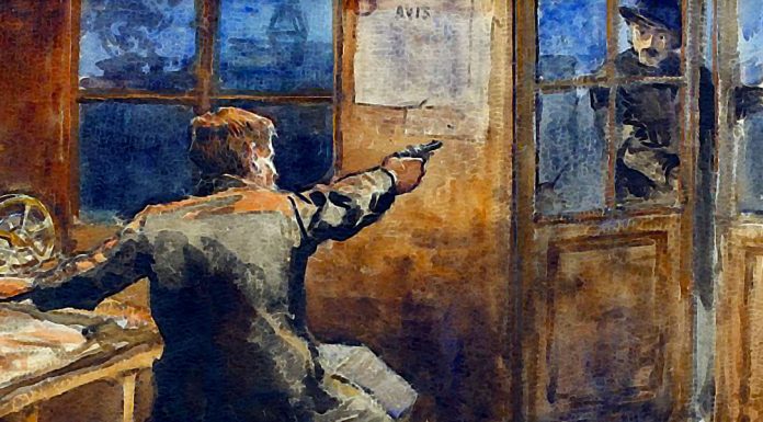 «Tradimento» di Edward Phillips Oppenheim The Spy di Nicolae Vermont (1866-1932), olio su tela