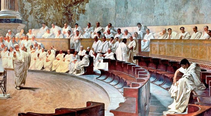 “Una misura eccezionale dei romani” di Corrado Barbagallo Cicerone denuncia Catilina (affresco). Cesare Maccari (1840-1919)