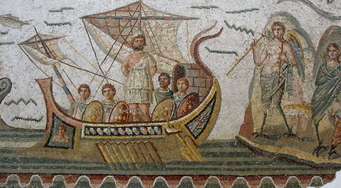 «Odissea» di Homerus (Omero) Ulisse e le sirene (Museo nazionale del Bardo, Tunisi)