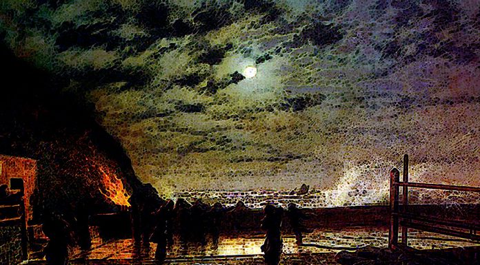 «Dalla terra alla luna» di Jules Verne In Peril (The Harbour Flare). John Atkinson Grimshaw
