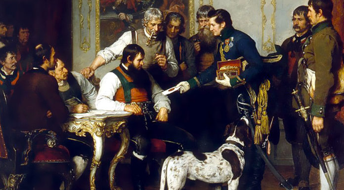 “Andrea Hoffer o la sollevazione del Tirolo del 1809” di Girolamo Andreis Franz von Defregger: Andreas Hofer con i suoi consiglieri nella Hofburg di Innsbruck, pittura a olio, 1879