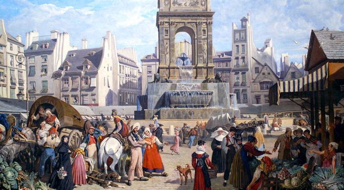 “Il camiciotto rosso” di Adolfo Albertazzi La fontana degli Innocenti al centro della piazza del mercato. John James Chalon. Musée Carnavalet, Paris, France