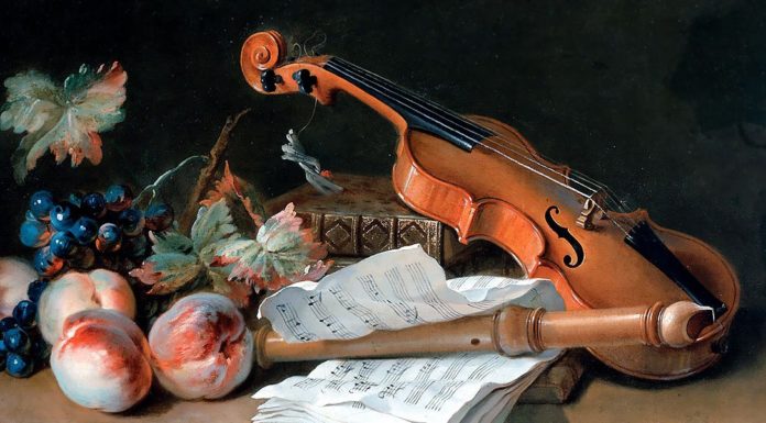 “Concerto per violino e orchestra in Mi minore, Op. 64” di Felix Mendelssohn-Bartholdy Still Life with a Violin, a Recorder, Books, a Portfolio of Sheet of Music, Peaches and Grapes on a Table Top. Jean-Baptiste Oudry