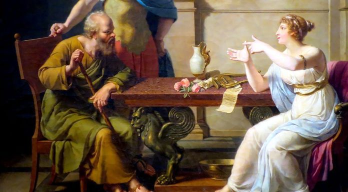 “Socrate” di Antonio Labriola Aspasia conversa con Alcibiade e Socrate. Dipinto di Nicolas-André Monsiau, 1798, Museo Puškin delle belle arti.
