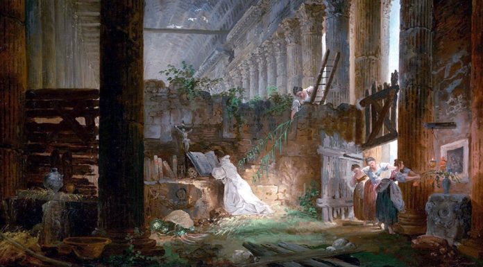 “Roma” di Émile Zola A Hermit Praying in the Ruins of a Roman Temple. Hubert Robert