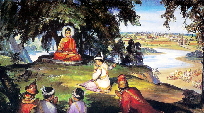 “Apologia del Buddhismo” di Carlo Formichi Painting of King Bimbisara offering his kingdom, Magadha, to the Buddha, who refused as He desired not for worldly enjoyment.