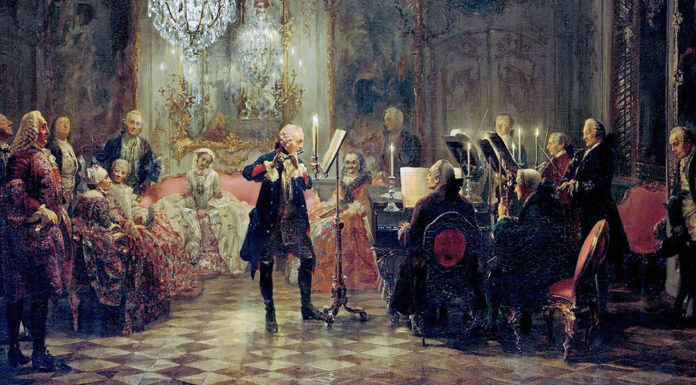 “Concerto per flauto e orchestra n° 1 in Re maggiore, K 313” di Wolfgang Amadeus Mozart Flute Concert with Frederick the Great in Sanssouci. Adolph Menzel