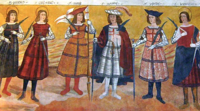 “Le cronache italiane nel Medio Evo” di Ugo Balzani Santuario di San Magno, Castelmagno: parete sinistra della navata della cappella antica, decorazione con la raffigurazione di alcuni santi attribuita a Giovanni Botoneri