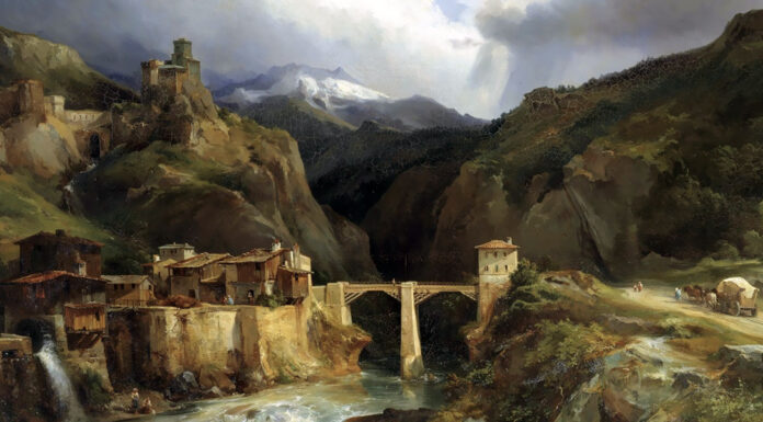 “Peregrinazioni d’uno zingaro per laghi ed Alpi” di Valentino Carrera Jean-Charles Joseph Rémond – Village et pont de Crevola sur la route du Simplon à Domodossola (1832)