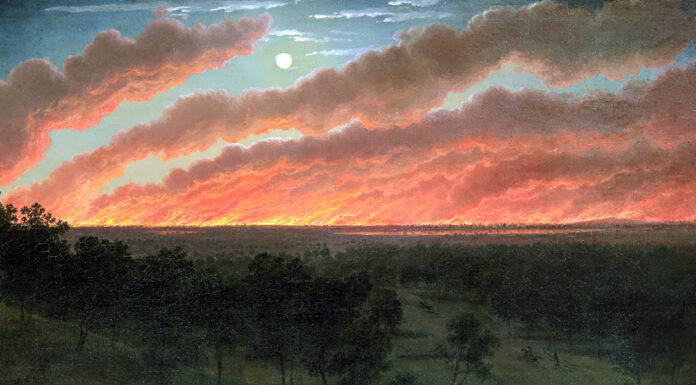 “La luna e i falò” di Cesare Pavese Bush fire between Mount Elephant and Timboon, Eugene von Guerard (1857)