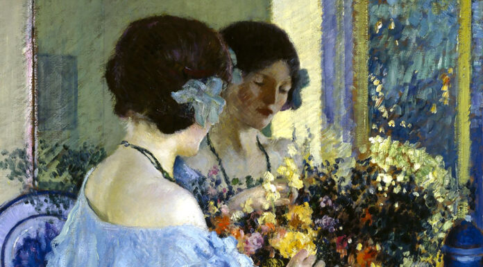 “La professione della signora Warren” di George Bernard Shaw Girl in Blue Arranging Flowers, Frederick Carl Frieseke