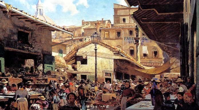 “Dignità nazionale e lingue straniere” di Alfredo Stromboli Mercato vecchio, Telemaco Signorini (1882)