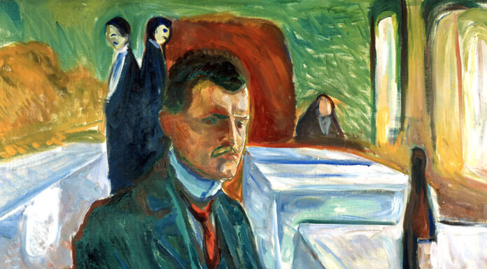 “Come prima meglio di prima” di Pirandello Self-portrait with bottle of wine, Edvard Munch (1906)