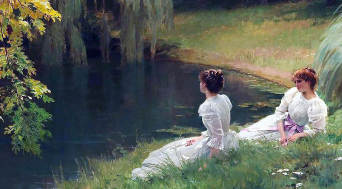 “Angelita” di Anna Vertua Gentile Elegant ladies at rest beside a pond. Louis Emile Adan