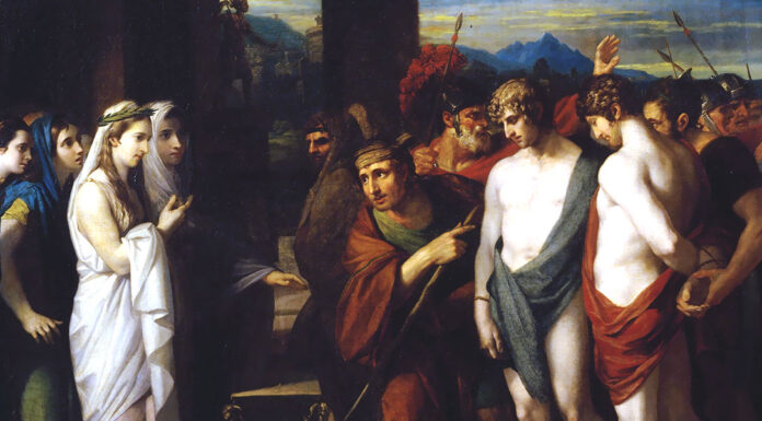 “Ifigenia in Tauride” di Johann Wolfgang von Goethe Pylades and Orestes Brought as Victims before Iphigenia, Benjamin West (1766)