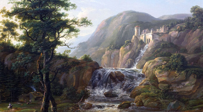 “L’odio di Rita” di Anna Vertua Gentile Mountain landscape with waterfall, castle and traveler on horseback in front of a hut, Johan Christian Dahl (1816)