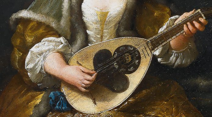 Hasse. “Concerto per mandolino” Lady playing a mandolin. Jean Barbault