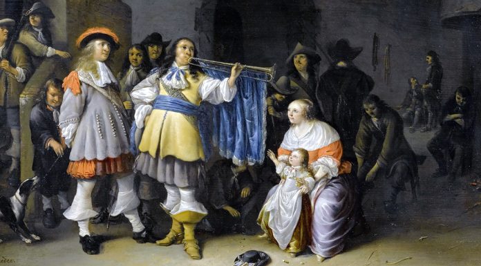 “Concerto n° 1 in Re maggiore per tromba e archi” di Richard Mudge “Interieur eines Wachraums mit einem Offizier mit Trompete und einer Mutter mit Kind” di Anthonie Palamedes