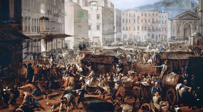 “Storia degli italiani. Tomo XI” di Cesare Cantù Michelangelo Cerquozzi, La rivolta di Masaniello in piazza Mercato a Napoli, 1648, Palazzo Spada (Roma)