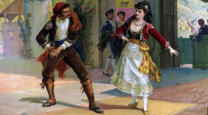“Carmen” di Georges Bizet Litografia tedesca del 1900, disegno di Luigi Morgani con una scena dell’opera “Carmen” di Georges Bizet.