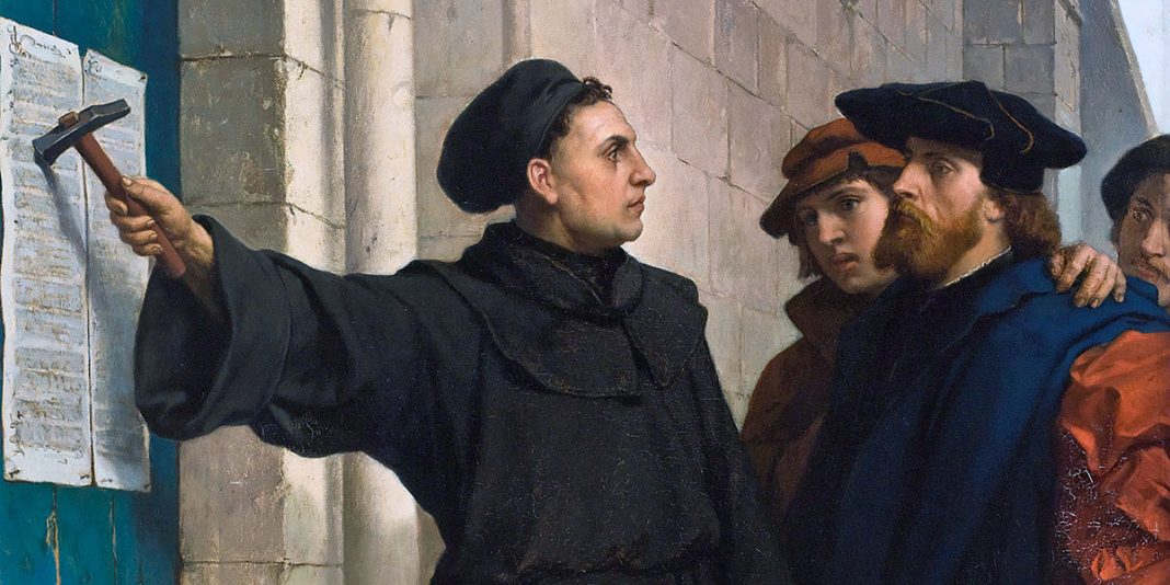 Luther posting his 95 theses in 1517, Ferdinand Pauwels (1872)