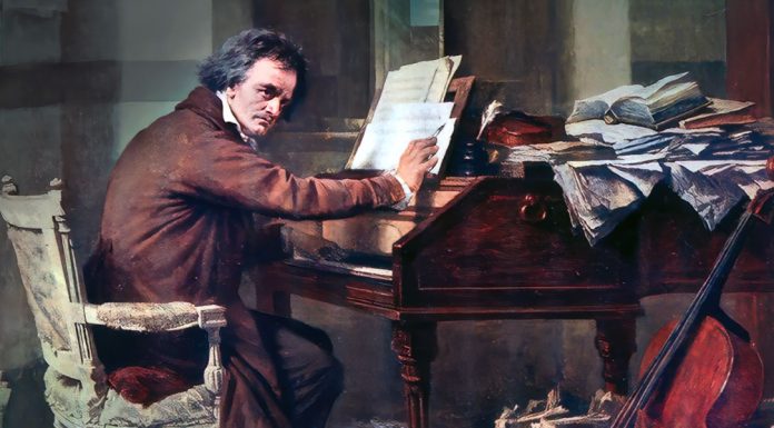 Beethoven. “Sonata n° 19, Op. 49 n° 1” Ludwig van Beethoven in seinem Arbeitszimmer; from a painting by Carl Bernhard Schloesser