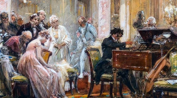 “Sei variazioni per pianoforte in Re maggiore, Op. 76” di Ludwig van Beethoven Julius Schmid, Beethoven at the piano