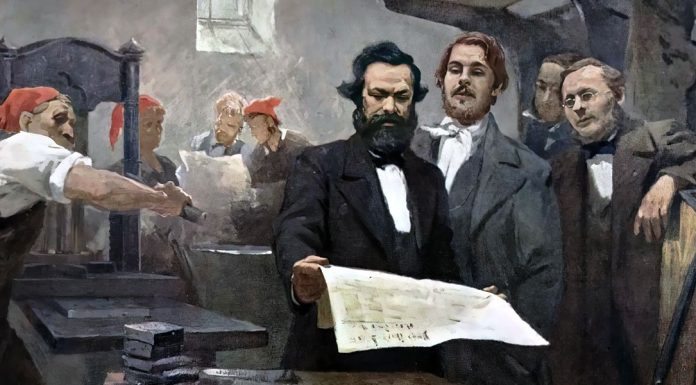 “Il materialismo storico” di Corrado Barbagallo Marx and Engels in the printing house of the Neue Rheinische Zeitung. E. Capiro, 1895.