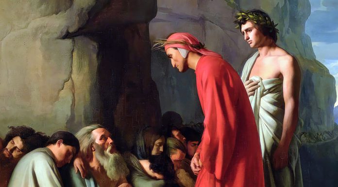 “Studi su Dante” di Giovanni Gentile Dante, guidato da Virgilio, offre consolazione alle anime degli invidiosi. Hippolyte Flandrin