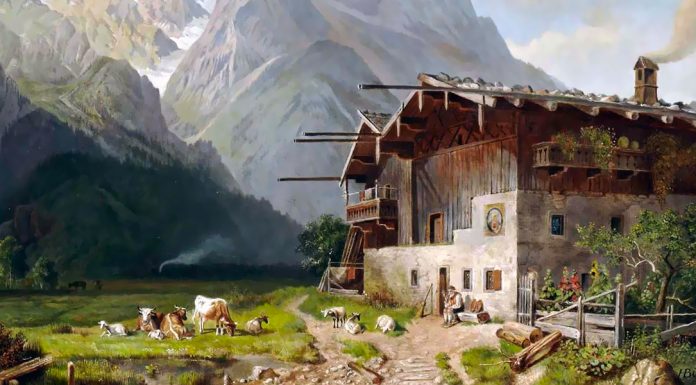 Elgar. “Three Bavarian Dances” Bauernhof vor Garmisch. Im Hintergrund das Wettersteingebirge. Heinrich Bürkel