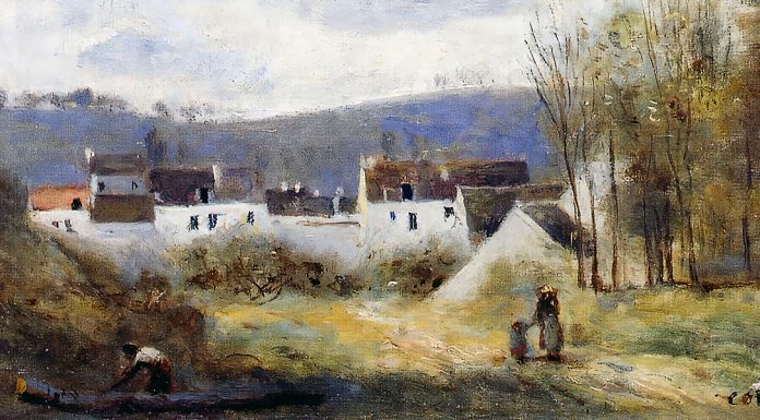 “Commedia di Maggio” di Achille Geremicca Village at the Foot of a Hill, Ile de France, Camille Corot (c.1855 – c.1860)