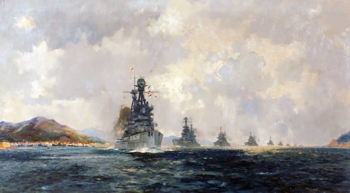“La vittoria e il mare” di Mario Borsa A view of a Royal Navy fleet at sea, led by HMS Superb, sailing in coastal waters. Frank Henry Mason