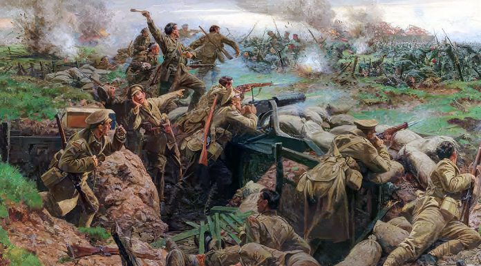 “Scene della grande Guerra. 1, 1914” di Luigi Barzini “The Canadians at Ypres, 1915”. William Barnes Wollen