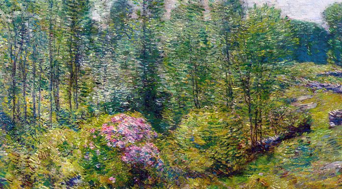 “La falce. Punizione. L’enigma” di Edoardo Calandra Spring Landscape with a Farmer and White Horse, Childe Hassam (1906)