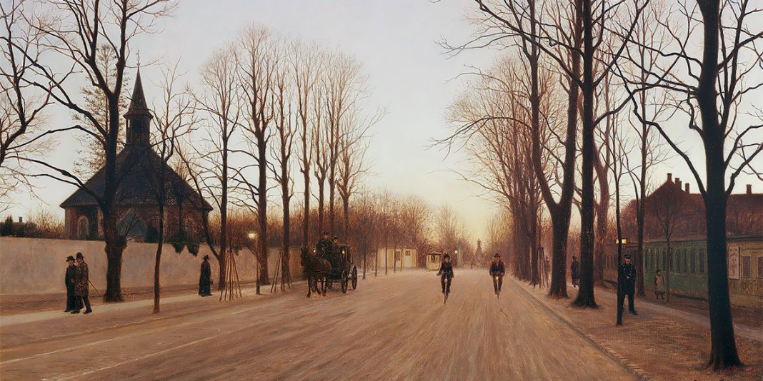 View of Frederiksberg Allé at sunset on a winter day. Adolph Larsen