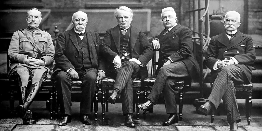 Marshal Foch, President of France Georges Clemenceau, British Prime Minister Lloyd George, President of the Council of Ministers of Italy Vittorio Emanuele Orlando, and Italian Foreign Minister Sidney Sonnino (1919)