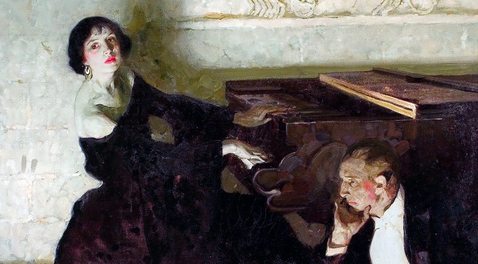 Debussy. “En blanc et noir” Romantic couple seated by piano. Dean Cornwell