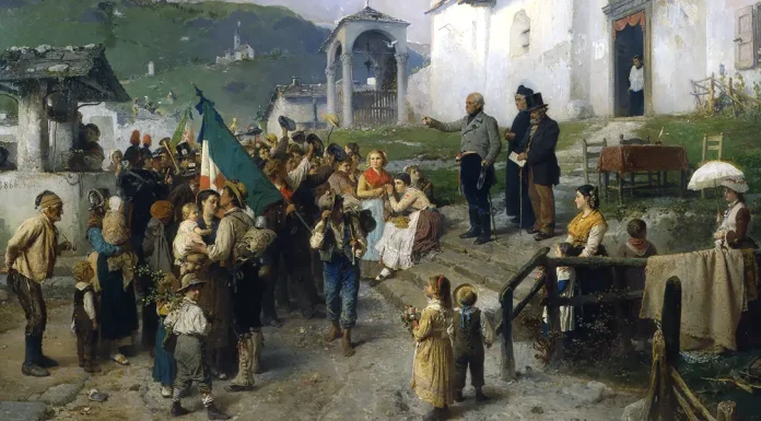 “Storia degli italiani. Tomo XIV” di Cesare Cantù La partenza dei coscritti nel 1866. Gerolamo Induno