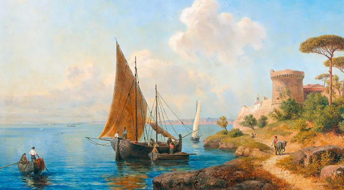 “La Dalmazia, le isole Jonie e la Grecia (visitate nel 1840). Volume secondo” di Francesco Cusani Pescatori sulla costa dalmata, firmato, datato G. Seelos 1887, olio su tela