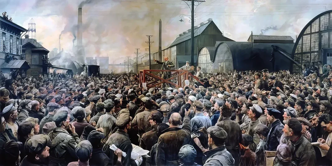 Lenin at Putilov factory at May 1917. Isaak Brodsky