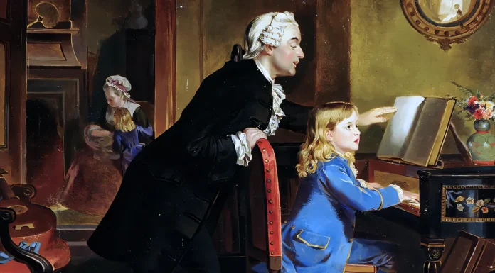 “Mozart” di Arturo Farinelli XIX centruy picture showing young Mozart and his father Leopold. Ebenezer Crawford