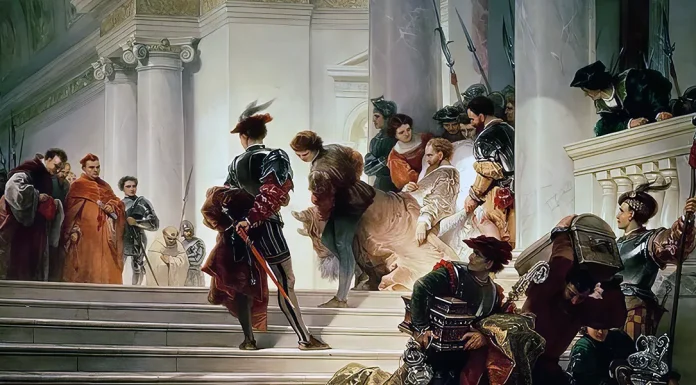 “L’onore dei Savelli” di Sidney Kilner Levett Yeats Cesare Borgia lascia la Santa Sede alla morte del padre, Giuseppe Lorenzo Gatteri (1877)