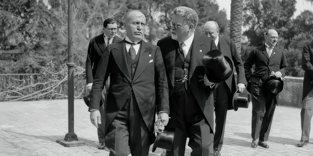 Roma, 3 aprile 1932, Benito Mussolini e Giovanni Gentile all’inaugurazione dell’Istituto italiano di studi germanici, presieduto dallo stesso Gentile.