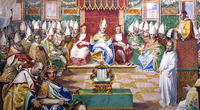 “Dalle origini a Nicea” di Guido De Ruggiero Council of Nicaea, Fresco in Salone Sistino, Vatican, Giovanni Guerra (1544-1618), Cesare Nebbia (1534-1614) e aiuti