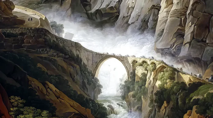 “Relazione del professore Alessandro Volta di un suo viaggio letterario nella Svizzera” di Alessandro Volta Die Teufelsbrücke, 1824, Aquarell von Peter Birmann (Pierre), 1768-1844