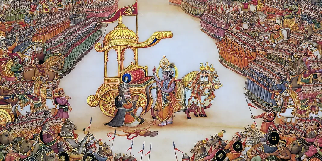 Krishna Preaches the Gita to Arjuna in the Battlefield of Kurukshetra