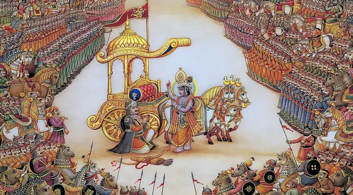 “Bhagavadgītā” Krishna Preaches the Gita to Arjuna in the Battlefield of Kurukshetra