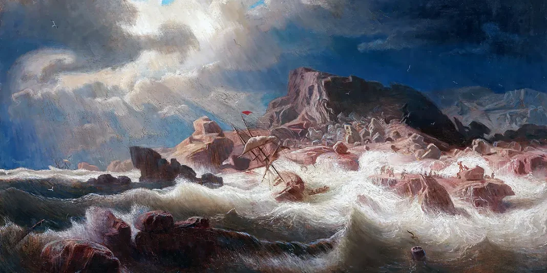 Stormy sea with ship wreck, Marcus Larson (1857)